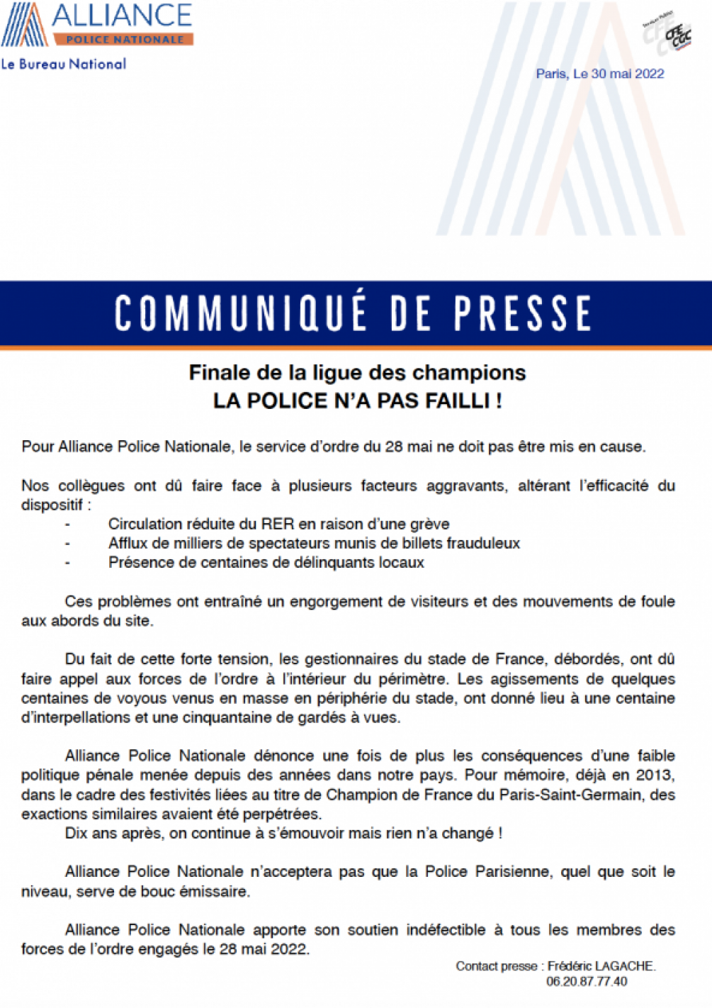 COMMUNIQUE DE PRESSE : FINALE DE LA LIGUE DES CHAMPIONS
